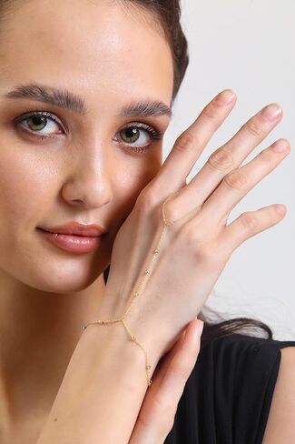 14k Solid Gold Bracelet Ring Hand Chain - Adjustable Finger Chain Bracelet Gold | Dainty Charm Hand Jewelry for Women | Mothers Day Gifts for Her | 7'' to 8 in Kuwait