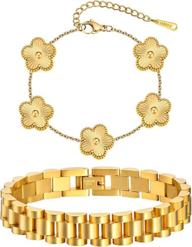 Stackable Gold Floral Bracelets Set , 2pcs 18K Gold Plated Bracelet Non-tarnish,Stainless Steel Link Chain Friendship Bracelet,Watch Band Trendy Jewelry,Christmas Valentines Birthday Gifts for Women in Saudi Arabia