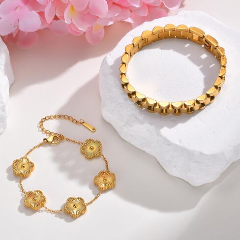 Stackable Gold Floral Bracelets Set , 2pcs 18K Gold Plated Bracelet Non-tarnish,Stainless Steel Link Chain Friendship Bracelet,Watch Band Trendy Jewelry,Christmas Valentines Birthday Gifts for Women in Saudi Arabia
