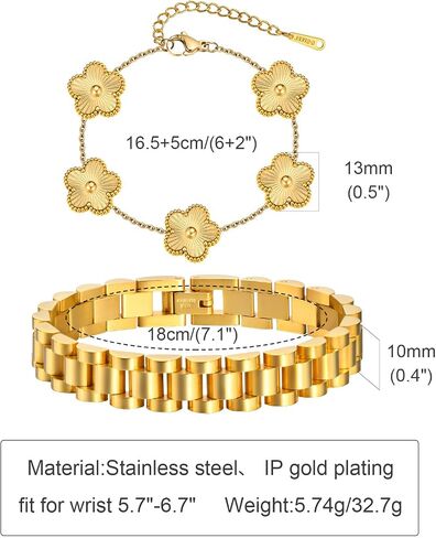 Stackable Gold Floral Bracelets Set , 2pcs 18K Gold Plated Bracelet Non-tarnish,Stainless Steel Link Chain Friendship Bracelet,Watch Band Trendy Jewelry,Christmas Valentines Birthday Gifts for Women in Saudi Arabia