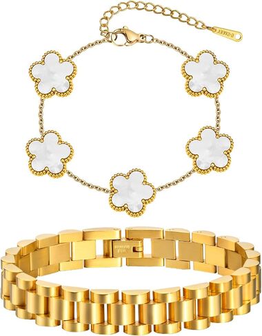 Stackable Gold Floral Bracelets Set , 2pcs 18K Gold Plated Bracelet Non-tarnish,Stainless Steel Link Chain Friendship Bracelet,Watch Band Trendy Jewelry,Christmas Valentines Birthday Gifts for Women in Saudi Arabia