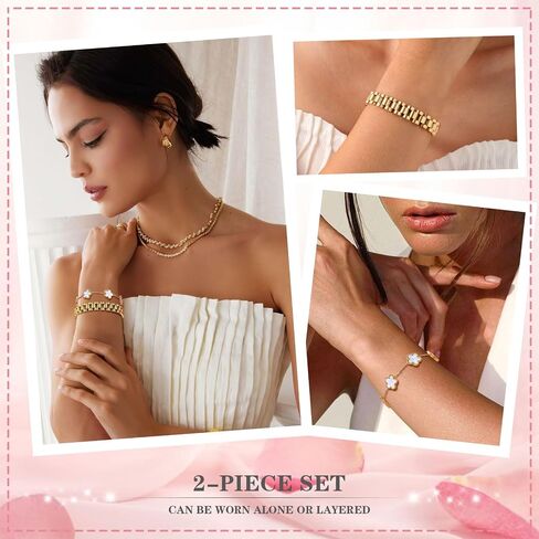 Stackable Gold Floral Bracelets Set , 2pcs 18K Gold Plated Bracelet Non-tarnish,Stainless Steel Link Chain Friendship Bracelet,Watch Band Trendy Jewelry,Christmas Valentines Birthday Gifts for Women in Saudi Arabia
