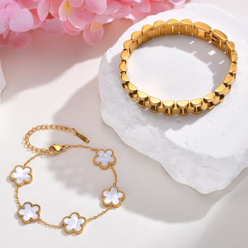 Stackable Gold Floral Bracelets Set , 2pcs 18K Gold Plated Bracelet Non-tarnish,Stainless Steel Link Chain Friendship Bracelet,Watch Band Trendy Jewelry,Christmas Valentines Birthday Gifts for Women in Saudi Arabia