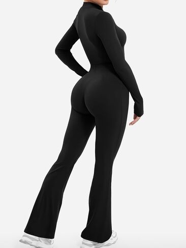 YEOREO Women Long Sleeve Flare Workout Jumpsuit Zip Up Romper Bottom Pants Wide Leg Bodysuit Bodycon Sexy One Piece in Saudi Arabia