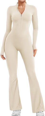 YEOREO Women Long Sleeve Flare Workout Jumpsuit Zip Up Romper Bottom Pants Wide Leg Bodysuit Bodycon Sexy One Piece in Saudi Arabia