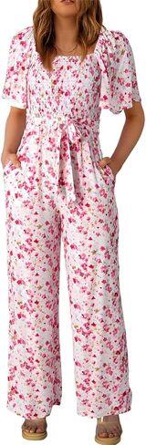 Happy Sailed Womens Summer Jumpsuits Floral Printed Short Sleeve High Waisted Pockets Wide Leg Rompers Beach Vacation Outfits in Saudi Arabia