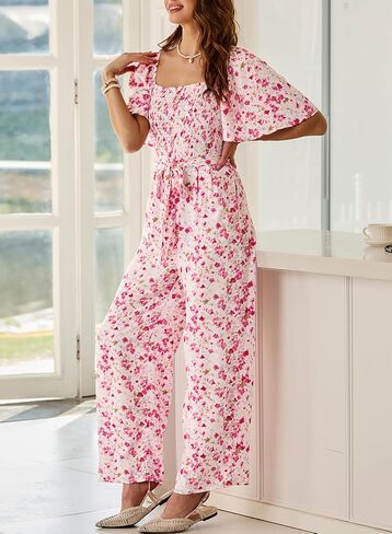 Happy Sailed Womens Summer Jumpsuits Floral Printed Short Sleeve High Waisted Pockets Wide Leg Rompers Beach Vacation Outfits in Saudi Arabia
