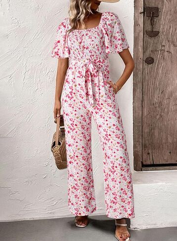 Happy Sailed Womens Summer Jumpsuits Floral Printed Short Sleeve High Waisted Pockets Wide Leg Rompers Beach Vacation Outfits in Saudi Arabia
