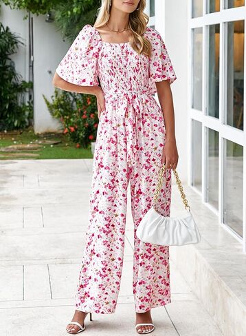 Happy Sailed Womens Summer Jumpsuits Floral Printed Short Sleeve High Waisted Pockets Wide Leg Rompers Beach Vacation Outfits in Saudi Arabia