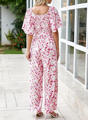 Happy Sailed Womens Summer Jumpsuits Floral Printed Short Sleeve High Waisted Pockets Wide Leg Rompers Beach Vacation Outfits in Saudi Arabia