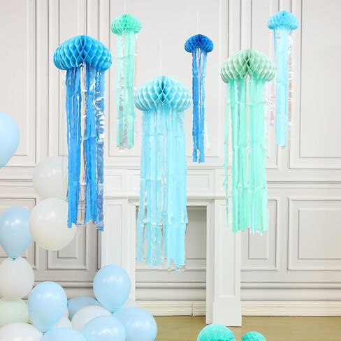 Jellyfish Decorations, 8 Pcs Hanging Jellyfish Honeycomb, Blue Pink Purple Under The Sea Party Decorations, Paper Honeycomb Jelly Fish for Mermaid Ocean Themed Birthday Party Decor in Saudi Arabia