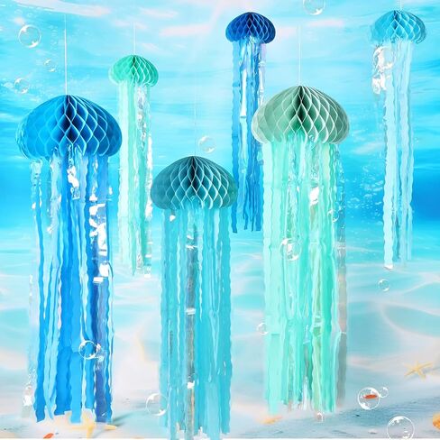 Jellyfish Decorations, 8 Pcs Hanging Jellyfish Honeycomb, Blue Pink Purple Under The Sea Party Decorations, Paper Honeycomb Jelly Fish for Mermaid Ocean Themed Birthday Party Decor in Saudi Arabia