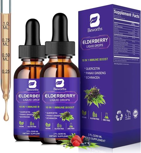2 Pack Elderberry Syrup, Black Elderberry Drops with Quercetin, Panax Ginseng, Vitamin C and Zinc, Sambucus Elderberry Syrup Liquid for Immune Support, Vegan, Non-GMO & Gluten Free in Saudi Arabia