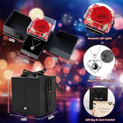 وردة محفوظة مع قلادة القلب - هدية روز الأبدية للنساء ، والهدايا الرومانسية للزوجة ، وصديقة ، وجدة ، وجدة ، وخطيب في عيد الميلاد ، والذكرى ، وعيد الأم ، عيد الميلاد in Kuwait