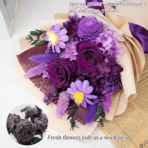 FYFS Preserved Flowers Bouquet, Eternal Flowers, Flowers Fresh Bbouquet Birthday, Real Rose Flowers Gift Used for Anniversary, Mother's Day,Valentine's Day (Purple) in Saudi Arabia