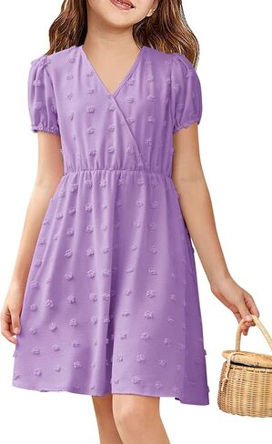 NHDBCUF Girls 'Swiss Dot Dress Kids Casual Babydoll v-Neck Flowy A Line Party Swing Mini Dresses لمدة 5-14 سنوات in Kuwait