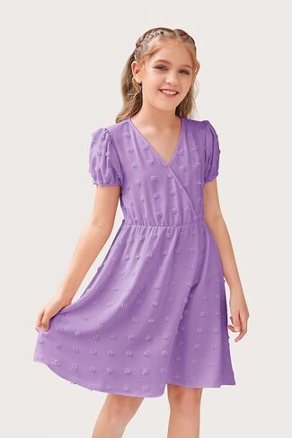 NHDBCUF Girls 'Swiss Dot Dress Kids Casual Babydoll v-Neck Flowy A Line Party Swing Mini Dresses لمدة 5-14 سنوات in Kuwait