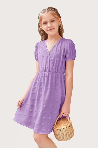 NHDBCUF Girls 'Swiss Dot Dress Kids Casual Babydoll v-Neck Flowy A Line Party Swing Mini Dresses لمدة 5-14 سنوات in Kuwait