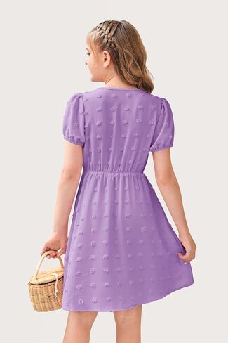 NHDBCUF Girls 'Swiss Dot Dress Kids Casual Babydoll v-Neck Flowy A Line Party Swing Mini Dresses لمدة 5-14 سنوات in Kuwait