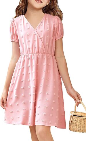 NHDBCUF Girls 'Swiss Dot Dress Kids Casual Babydoll v-Neck Flowy A Line Party Swing Mini Dresses لمدة 5-14 سنوات in Kuwait