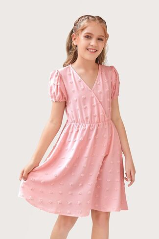 NHDBCUF Girls 'Swiss Dot Dress Kids Casual Babydoll v-Neck Flowy A Line Party Swing Mini Dresses لمدة 5-14 سنوات in Kuwait
