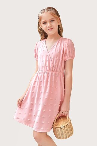 NHDBCUF Girls 'Swiss Dot Dress Kids Casual Babydoll v-Neck Flowy A Line Party Swing Mini Dresses لمدة 5-14 سنوات in Kuwait