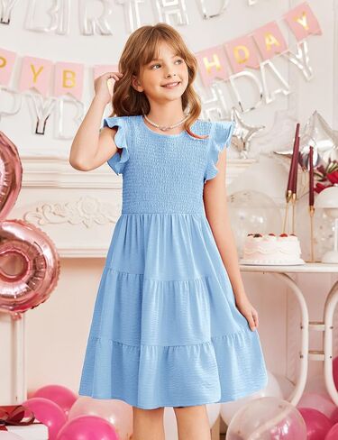 Arshiner Girls Dress Summer Ruffle Sleeve Smocked Tiered Casual Party Sundress with Pockets in Saudi Arabia