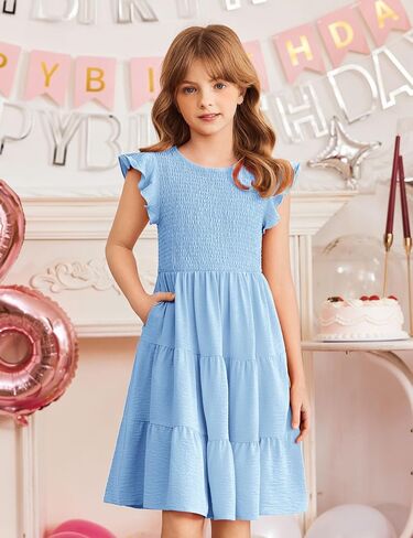 Arshiner Girls Dress Summer Ruffle Sleeve Smocked Tiered Casual Party Sundress with Pockets in Saudi Arabia
