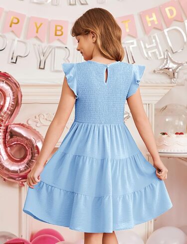 Arshiner Girls Dress Summer Ruffle Sleeve Smocked Tiered Casual Party Sundress with Pockets in Saudi Arabia