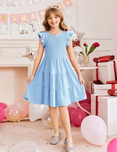 Arshiner Girls Dress Summer Ruffle Sleeve Smocked Tiered Casual Party Sundress with Pockets in Saudi Arabia