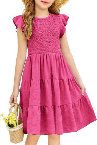 Arshiner Girls Dress Summer Ruffle Sleeve Smocked Tiered Casual Party Sundress with Pockets in Saudi Arabia