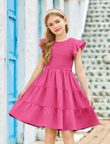 Arshiner Girls Dress Summer Ruffle Sleeve Smocked Tiered Casual Party Sundress with Pockets in Saudi Arabia