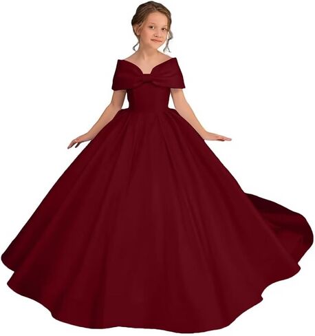 Off Shoulder Satin Flower Girl Dress Kids Princess First Communion Dress Long Formal Prom Ball Gowns Bow Knot in Saudi Arabia