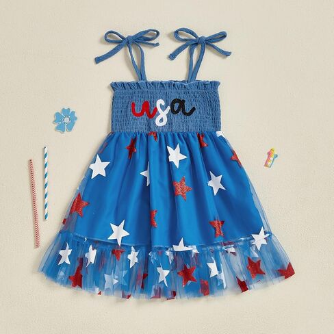 Kuriozud 4th of July Toddler Girl Outfit الرابع من يوليو الولايات المتحدة الأمريكية السباغيتي حزام اللباس الأطفال in Saudi Arabia