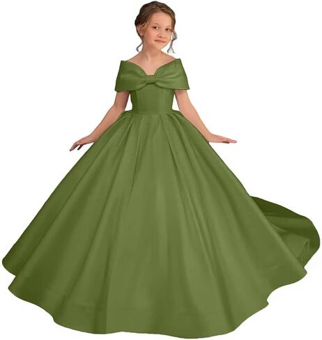 Off Shoulder Satin Flower Girl Dress Kids Princess First Communion Dress Long Formal Prom Ball Gowns Bow Knot in Saudi Arabia