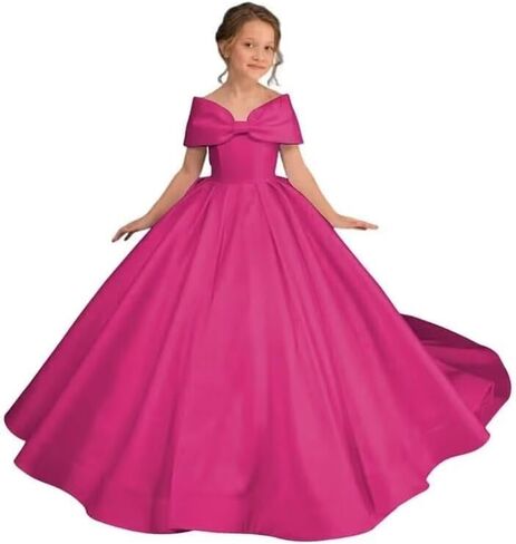 Off Shoulder Satin Flower Girl Dress Kids Princess First Communion Dress Long Formal Prom Ball Gowns Bow Knot in Saudi Arabia