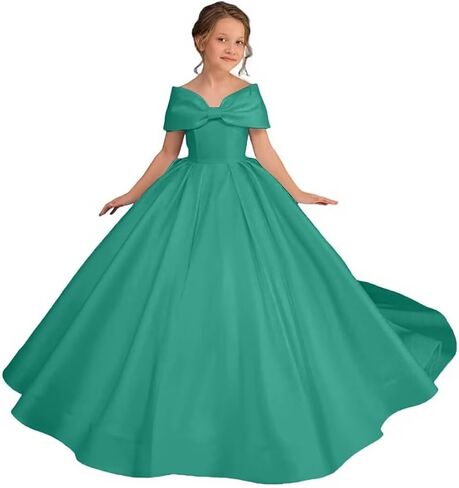 Off Shoulder Satin Flower Girl Dress Kids Princess First Communion Dress Long Formal Prom Ball Gowns Bow Knot in Saudi Arabia