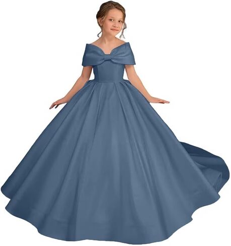 Off Shoulder Satin Flower Girl Dress Kids Princess First Communion Dress Long Formal Prom Ball Gowns Bow Knot in Saudi Arabia
