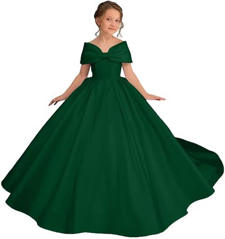 Off Shoulder Satin Flower Girl Dress Kids Princess First Communion Dress Long Formal Prom Ball Gowns Bow Knot in Saudi Arabia