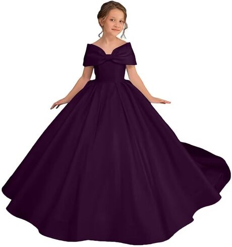 Off Shoulder Satin Flower Girl Dress Kids Princess First Communion Dress Long Formal Prom Ball Gowns Bow Knot in Saudi Arabia