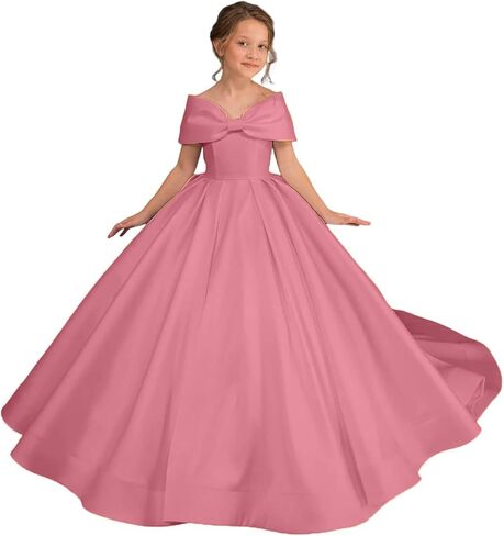 Off Shoulder Satin Flower Girl Dress Kids Princess First Communion Dress Long Formal Prom Ball Gowns Bow Knot in Saudi Arabia