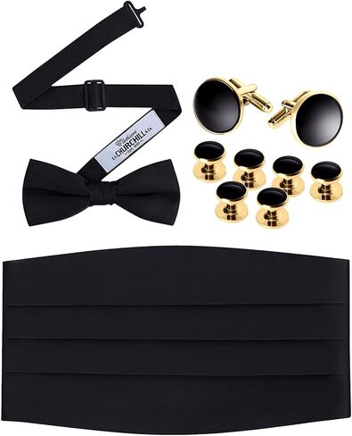 S.H. Churchill & Co. Black Bowtie, Cummerbund, Cufflinks & Studs Set – Classic Formal Accessories for Wedding, Prom, or Black-Tie Event in Saudi Arabia