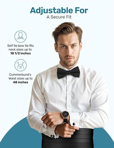 S.H. Churchill & Co. Black Bowtie, Cummerbund, Cufflinks & Studs Set – Classic Formal Accessories for Wedding, Prom, or Black-Tie Event in Saudi Arabia