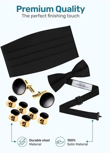 S.H. Churchill & Co. Black Bowtie, Cummerbund, Cufflinks & Studs Set – Classic Formal Accessories for Wedding, Prom, or Black-Tie Event in Saudi Arabia