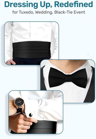 S.H. Churchill & Co. Black Bowtie, Cummerbund, Cufflinks & Studs Set – Classic Formal Accessories for Wedding, Prom, or Black-Tie Event in Saudi Arabia