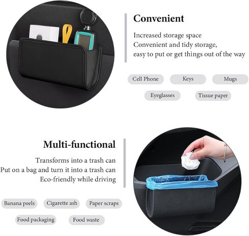 Car Trash Can, Leather Foldable Hanging Trash Bag, Multi-Function Mini Storage Box Garbage Can for Car Back Seats and Side Door, Black in Kuwait