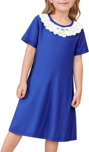 LQSZ Girls Lightgowns Lace Lace Short Sleeve Sleepwear Bow Tie Victorian Princess Pajamas Nightdress 3-12 in Kuwait