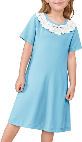 LQSZ Girls Lightgowns Lace Lace Short Sleeve Sleepwear Bow Tie Victorian Princess Pajamas Nightdress 3-12 in Kuwait