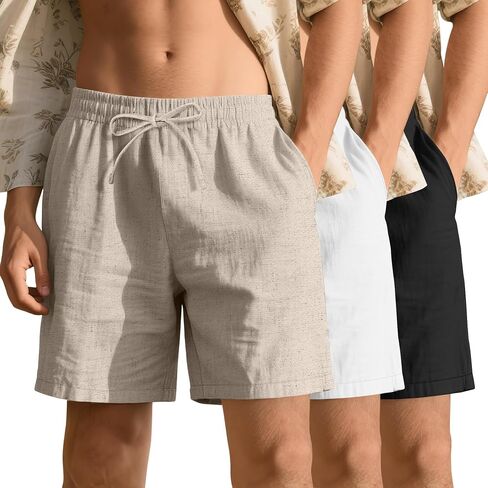 Neer 3 Pack Men's Cotton Linen Shorts Elastic Waist Drawstring Summer Casual Beach Shorts with Pockets in Kuwait