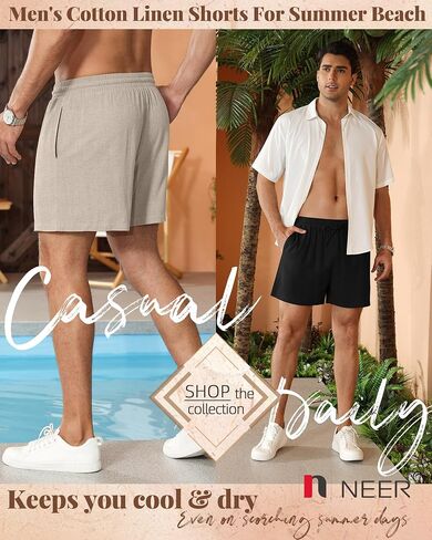 Neer 3 Pack Men's Cotton Linen Shorts Elastic Waist Drawstring Summer Casual Beach Shorts with Pockets in Kuwait